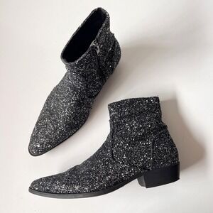 Glitter Chelsea Ankle Boots Sparkly Pointed Toe Rocker Glam Black Silver 9 Women